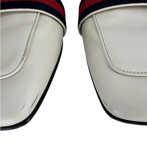 Gucci Peyton Marmont GG Logo Web Stripe Leather Mules in White - Picture 8 of 16